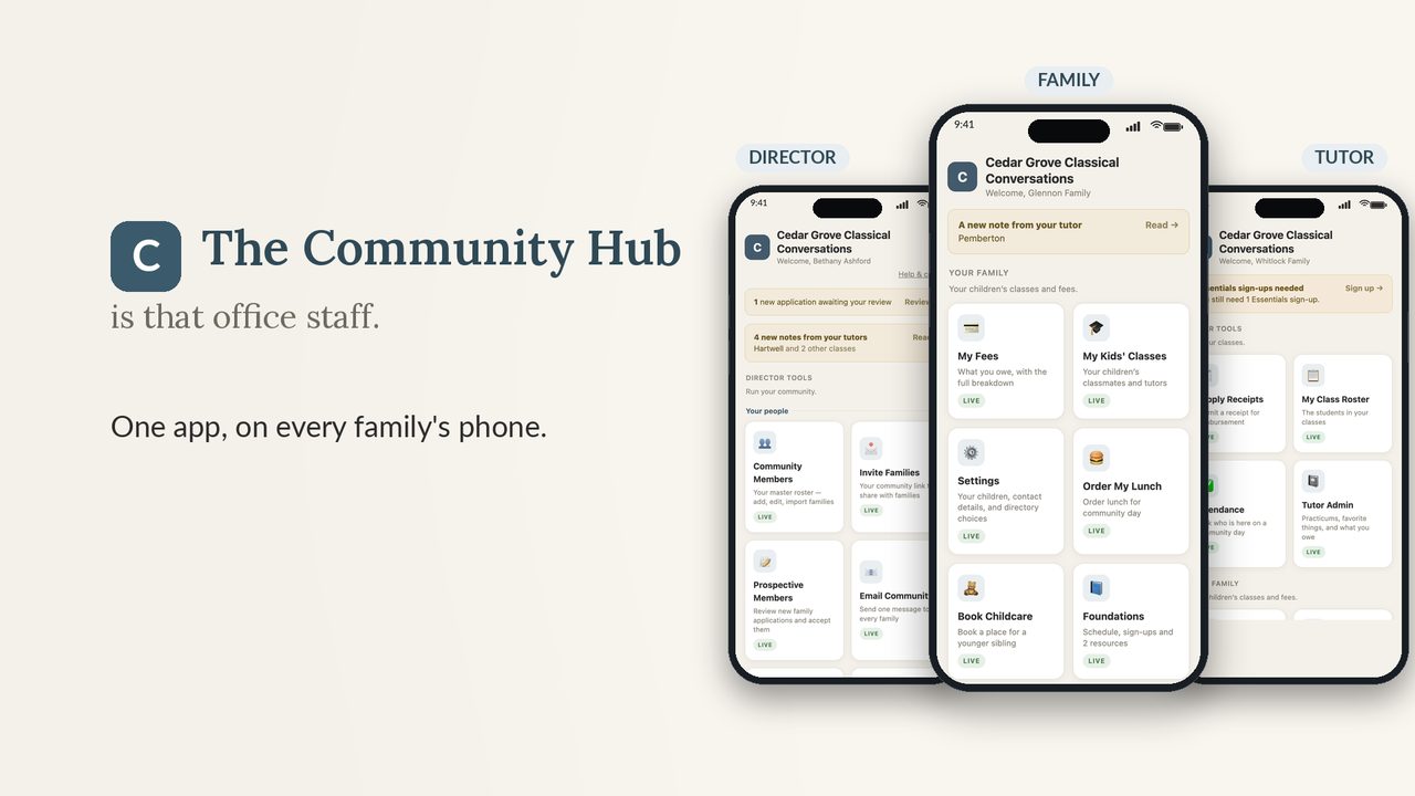 The CC Community Hub on three phones: a family, a tutor, and a director